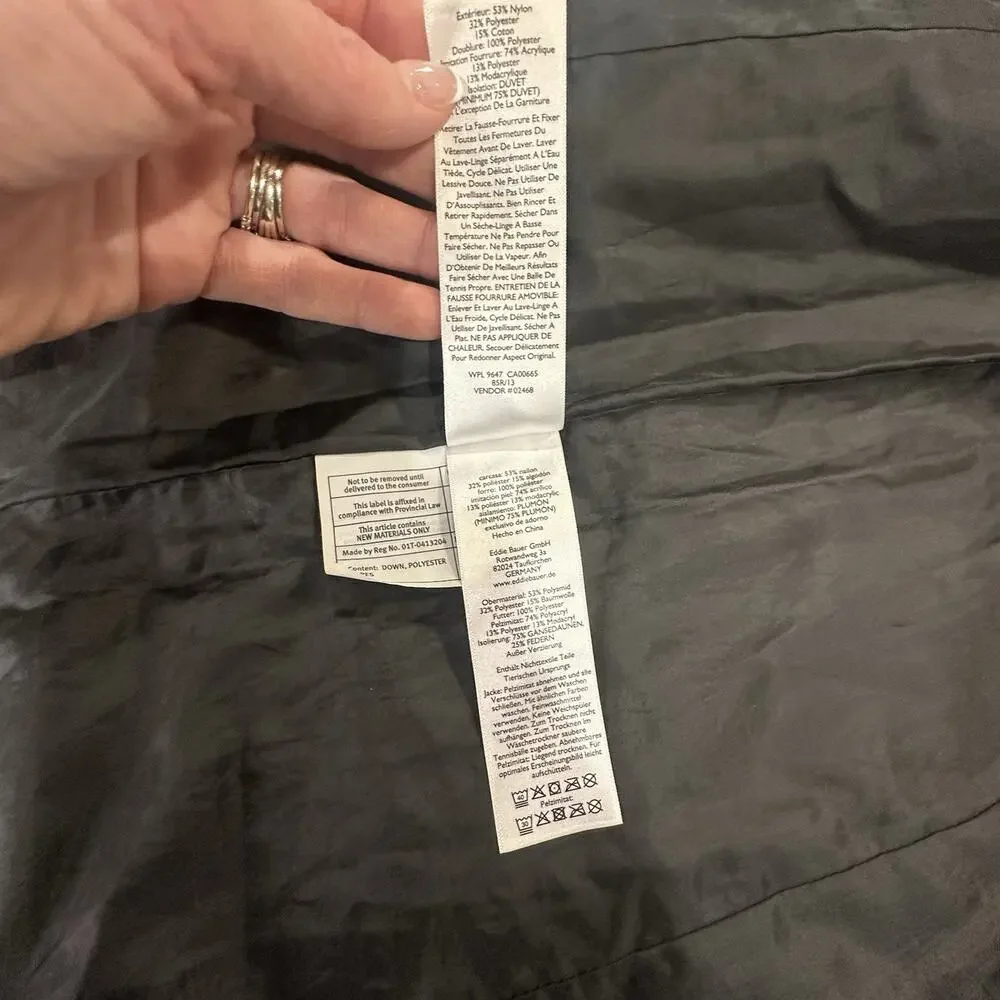 Eddie Bauer Wmn's EB550 Goose Down Puffer Coat Parka Hooded Fur Trim Black Sz S - Picture 10 of 11